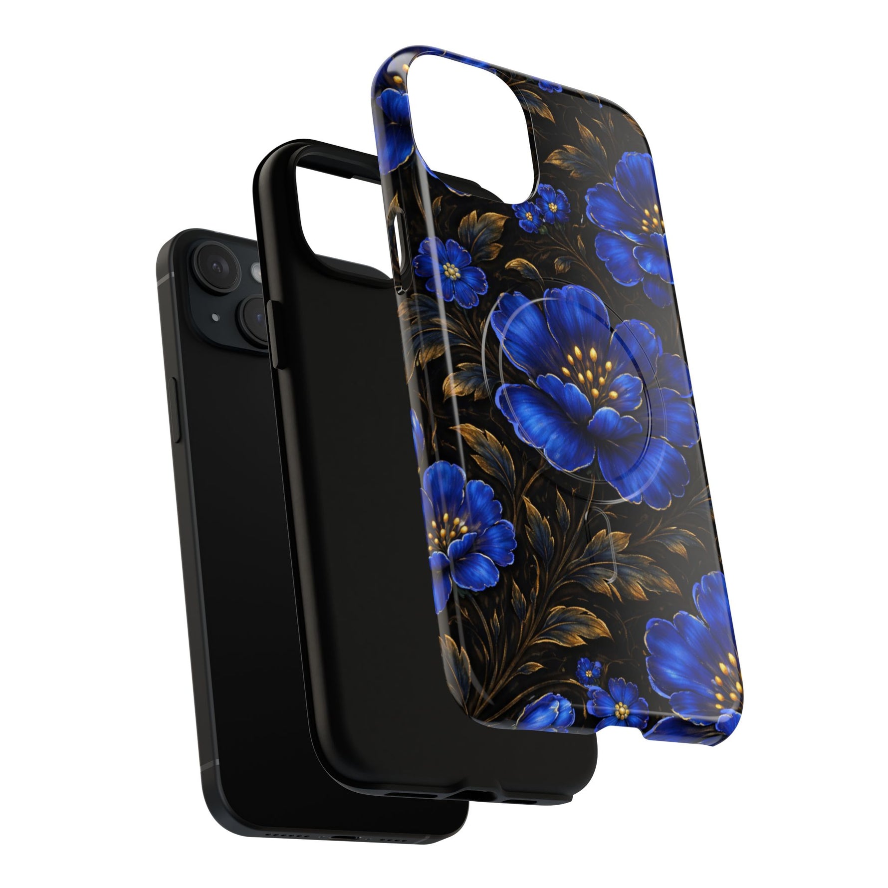 Black iPhone with two protective cases, including a blue floral patterned case showing size variant