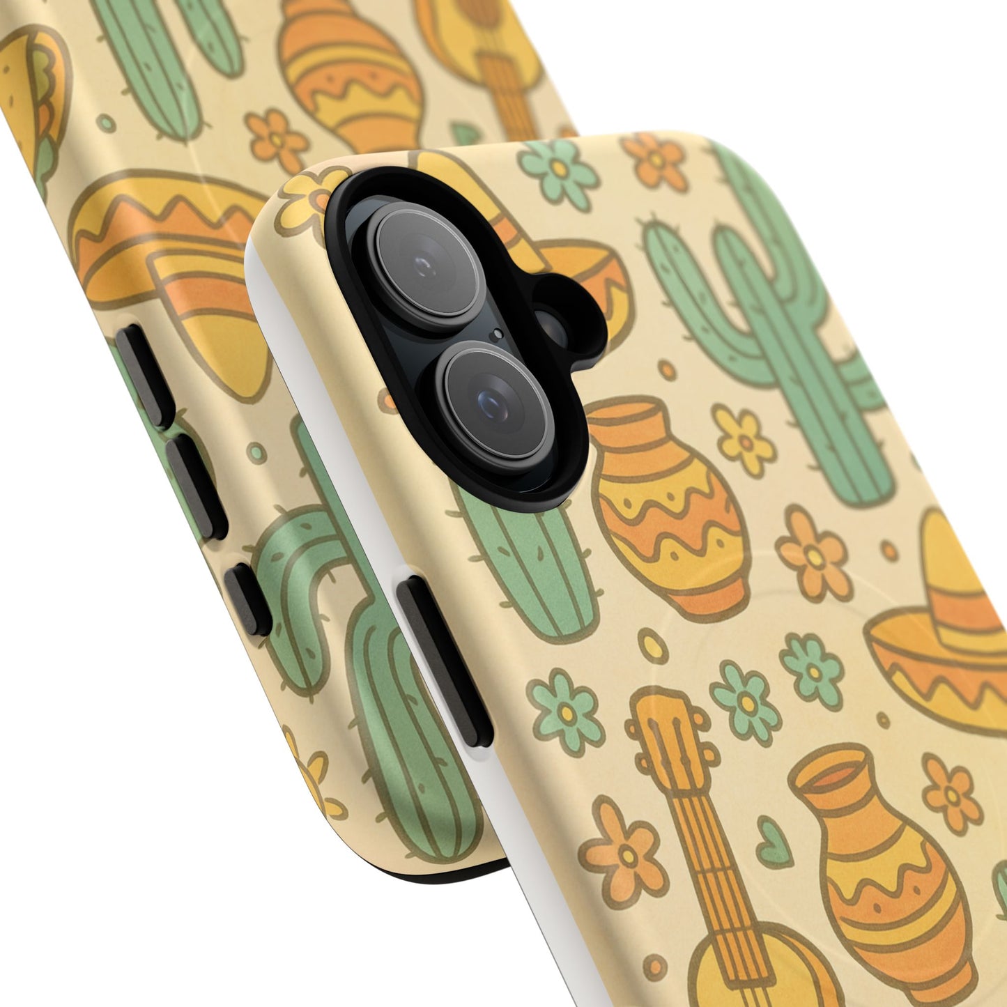 Mexico Hand-Drawn Cactus Pattern iPhone Case – Cute Desert Guitar & Sombrero Design | with MagSafe