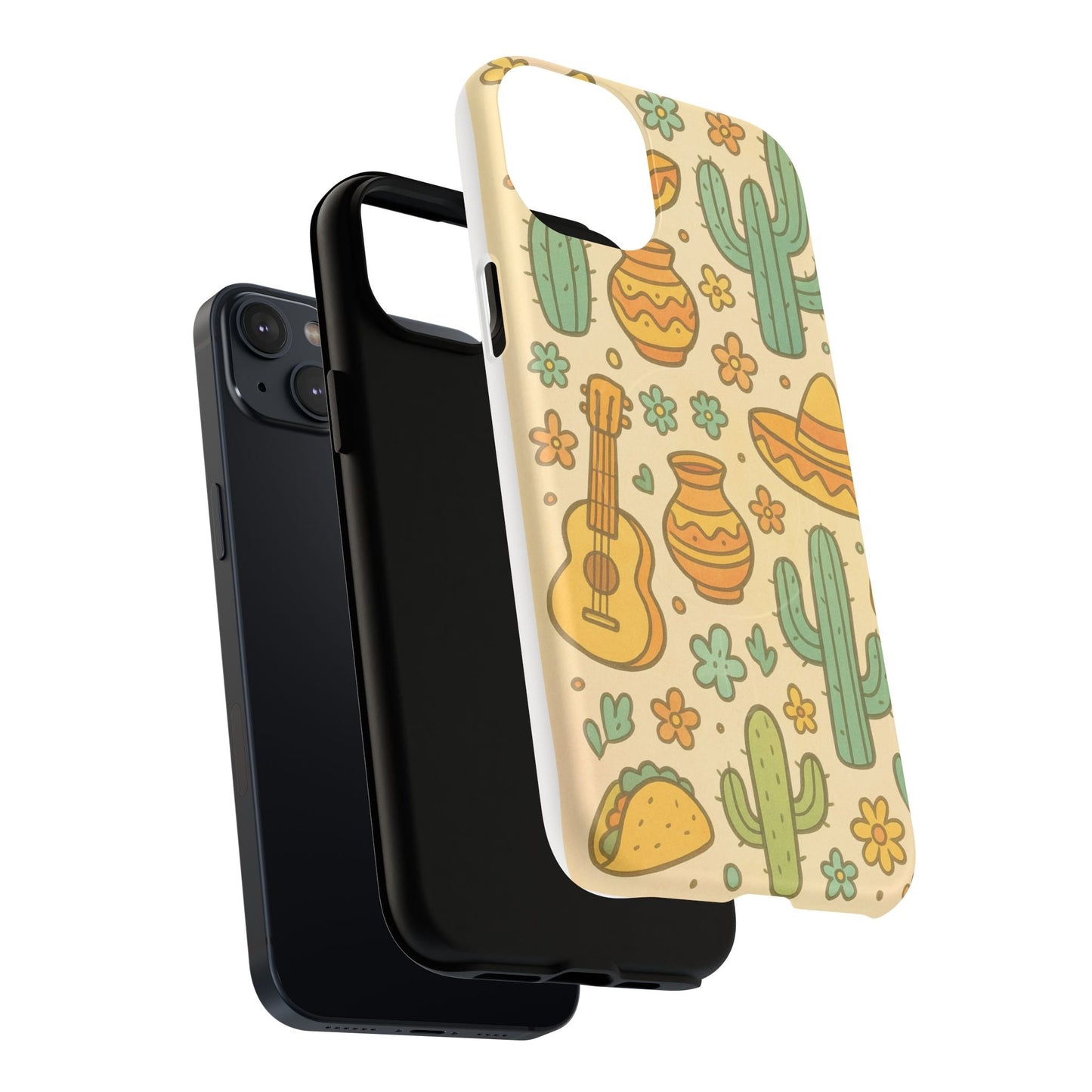 Mexico Hand-Drawn Cactus Pattern iPhone Case – Cute Desert Guitar & Sombrero Design | with MagSafe