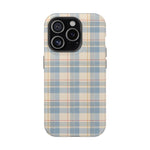 Ranch Check – Blue and Cream Plaid MagSafe Phone Case, glossy iPhone 15 Pro, rear view