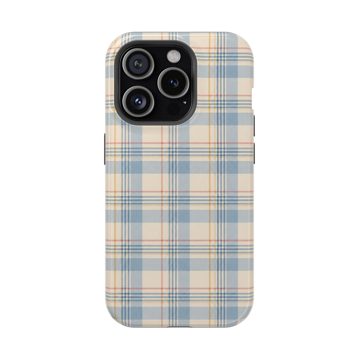 Ranch Check – Blue and Cream Plaid MagSafe Phone Case, glossy iPhone 15 Pro, rear view