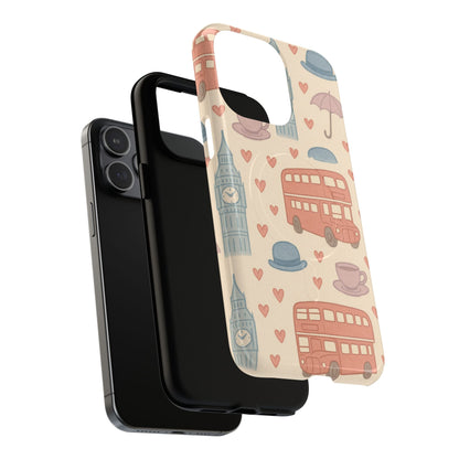 London Icons Hand-Drawn iPhone Case — Cute Double-Decker Bus & Big Ben Pattern with MagSafe compatibility