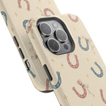 Prairie Horseshoes MagSafe Phone Case, glossy square triple-camera Pro model, camera and side-button close-up