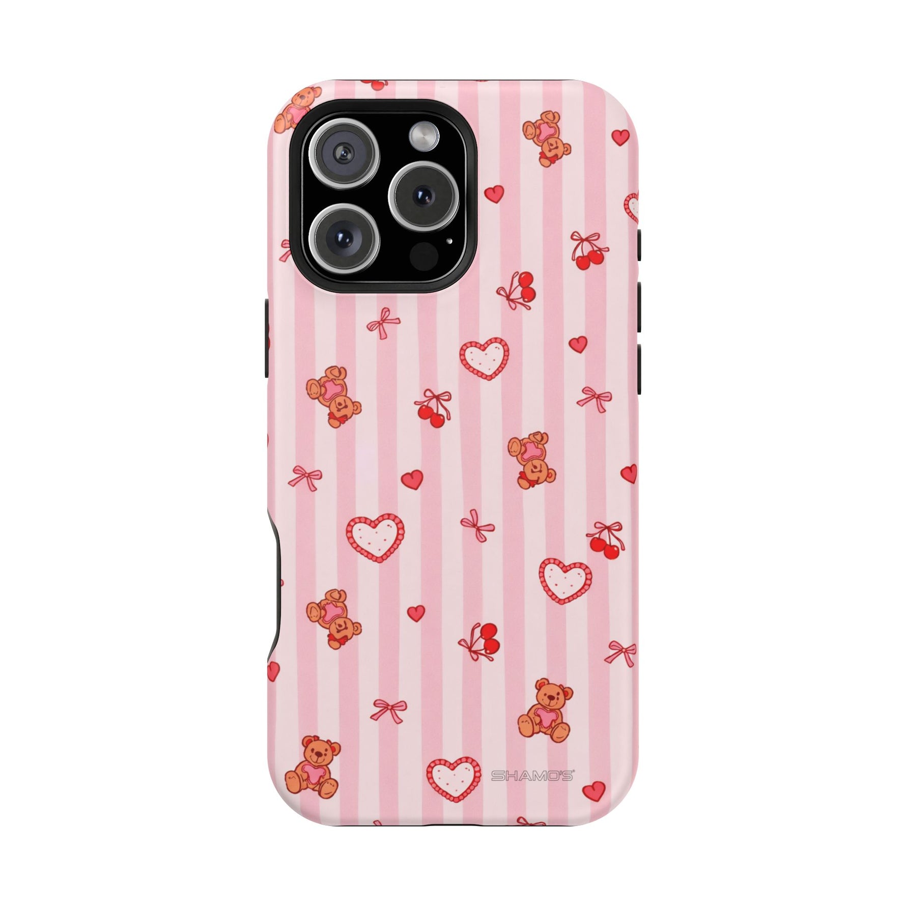 Pink Teddy Hearts Love iPhone Case, Impact-Resistant MagSafe Compatible