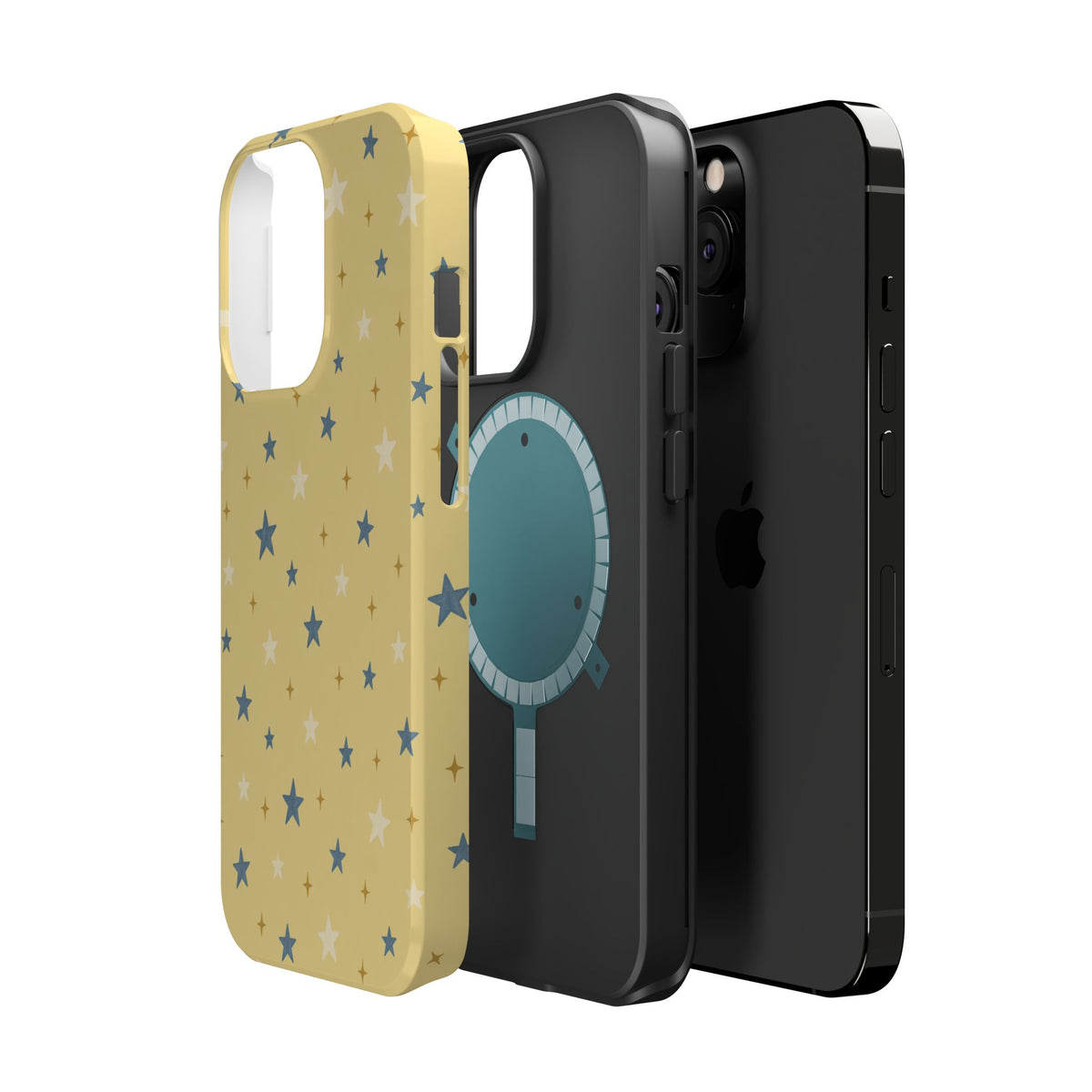 Prairie Stars – Yellow and Blue Star MagSafe Phone Case, glossy square triple-camera Pro model, exploded shell and liner with magnetic ring