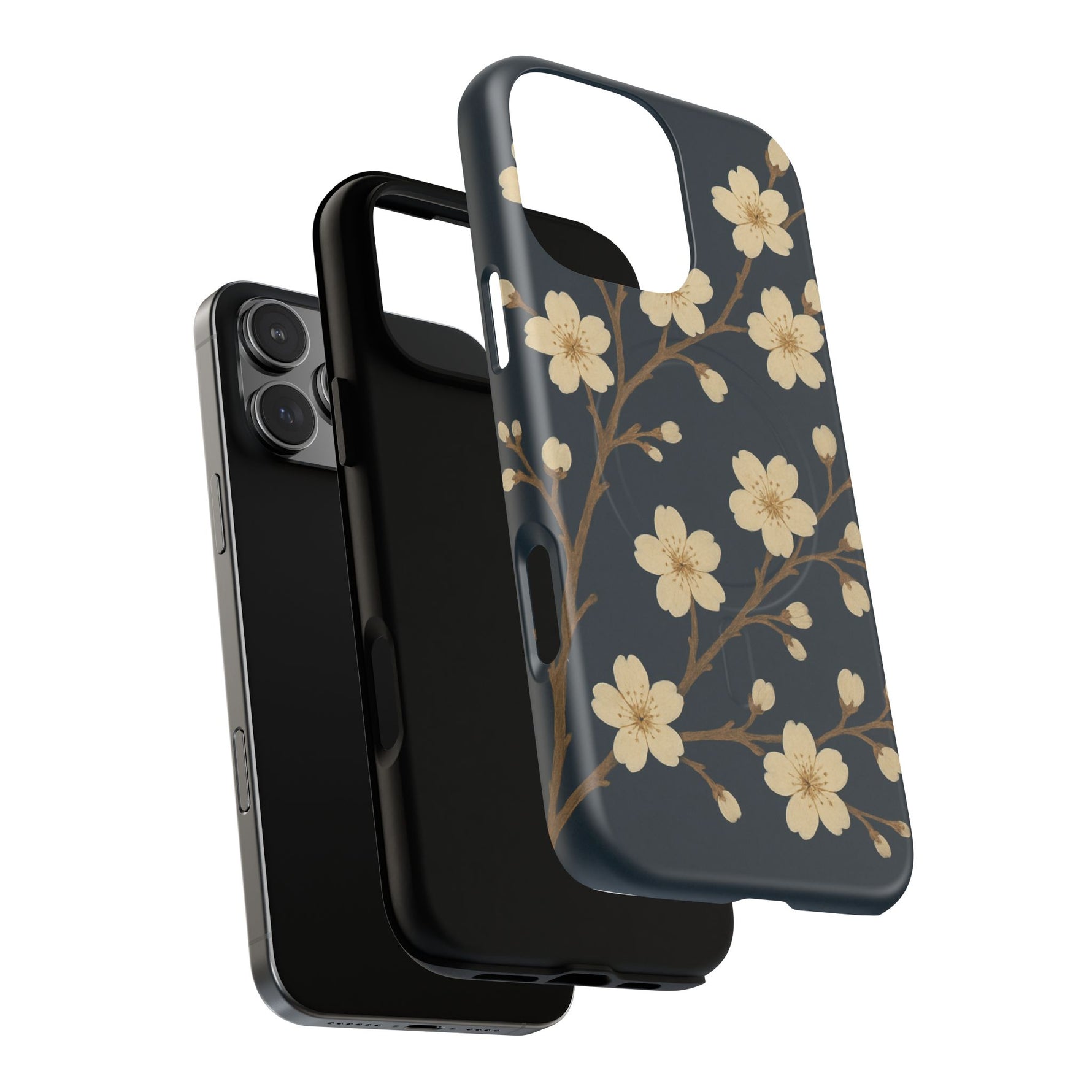 Navy Cherry Blossom Floral iPhone Case - Compatible with MagSafe - Shamo's