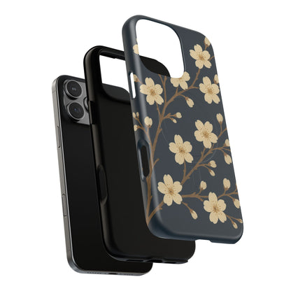 Navy Cherry Blossom Floral iPhone Case - Compatible with MagSafe