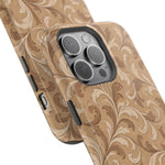 Saddle Scrolls – Tan Western Scrollwork MagSafe Phone Case, glossy square triple-camera Pro model, camera and side-button close-up
