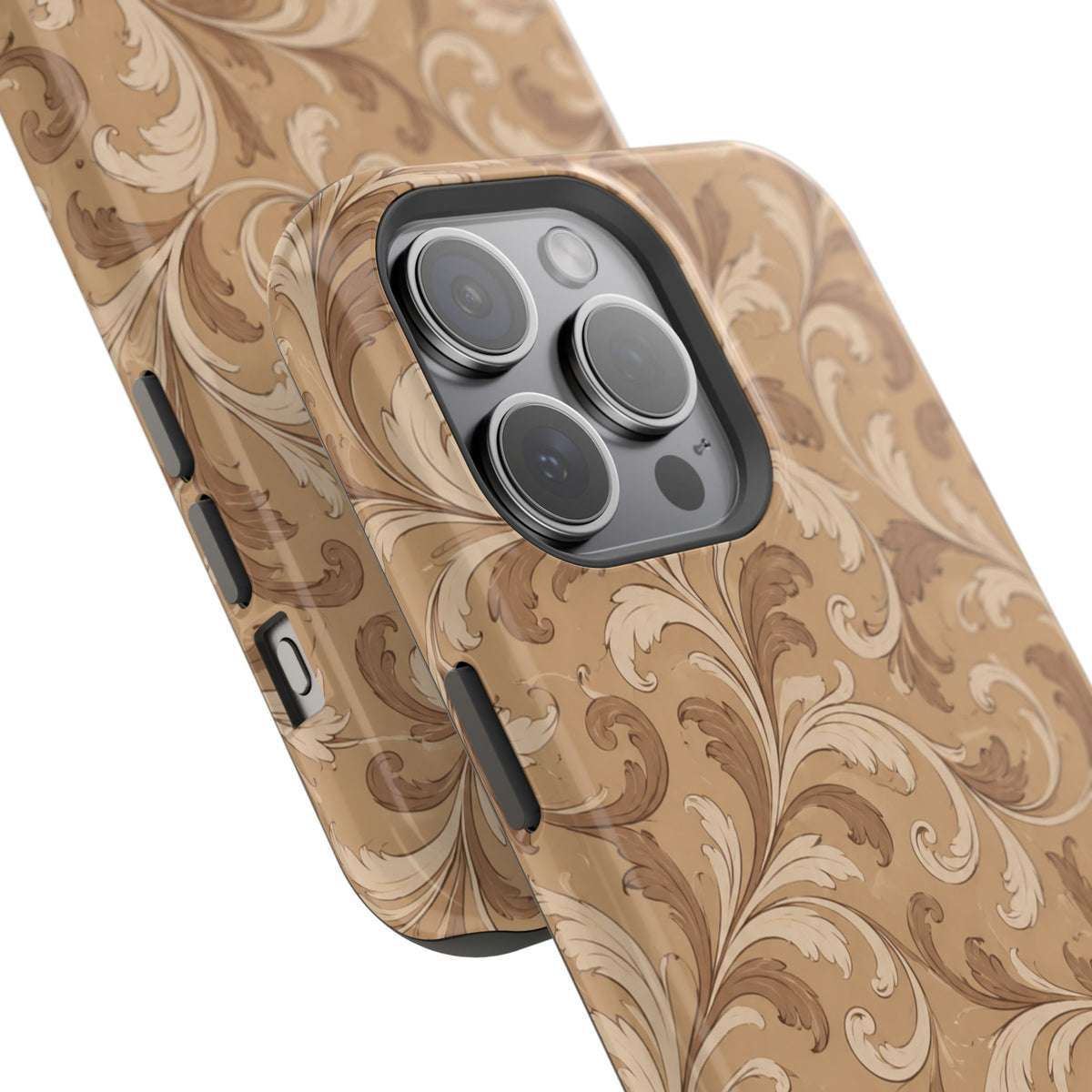 Saddle Scrolls – Tan Western Scrollwork MagSafe Phone Case, glossy square triple-camera Pro model, camera and side-button close-up