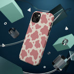 Rose Cowprint – Pink Cow Print MagSafe Phone Case, glossy diagonal dual-camera model, rear view with magnetic accessories