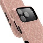 Meadow Lace – Blush Pink Lace Pattern MagSafe Phone Case, glossy compact wide-camera Pro model, camera and side-button close-up