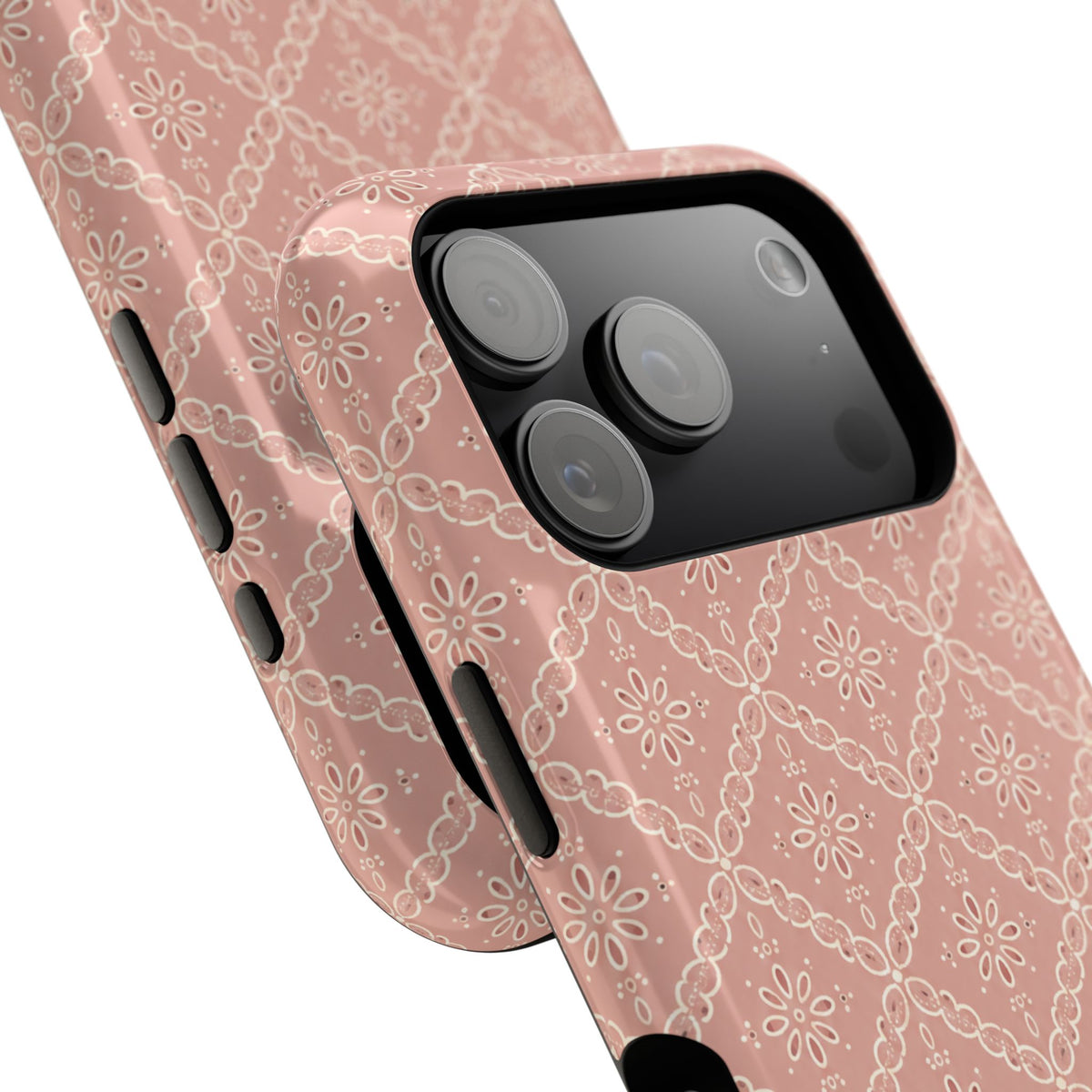 Meadow Lace – Blush Pink Lace Pattern MagSafe Phone Case, glossy compact wide-camera Pro model, camera and side-button close-up