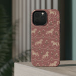 Rose Ponies MagSafe Phone Case, glossy square triple-camera Pro model, rear view on a tabletop
