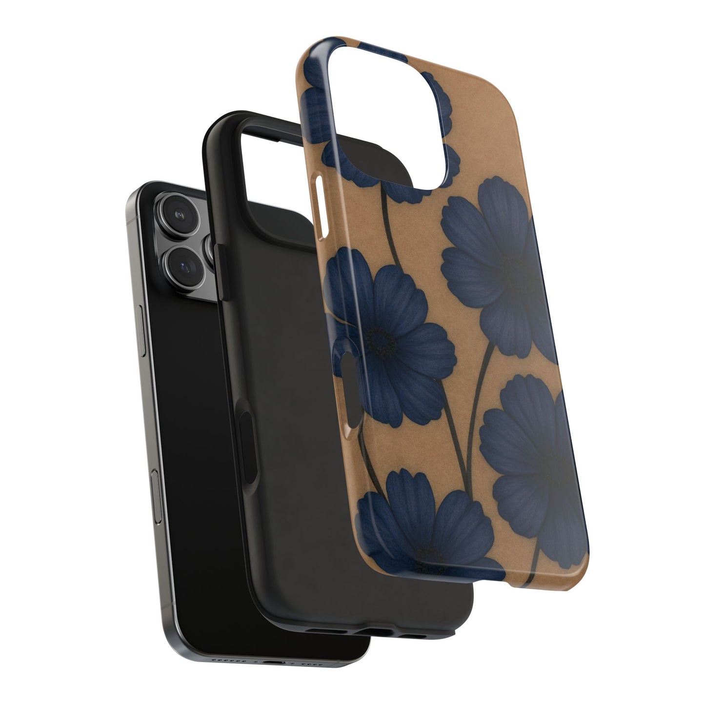 Navy Floral Tough iPhone Case — Durable Protective Case with Blue Flowers on Kraft Background