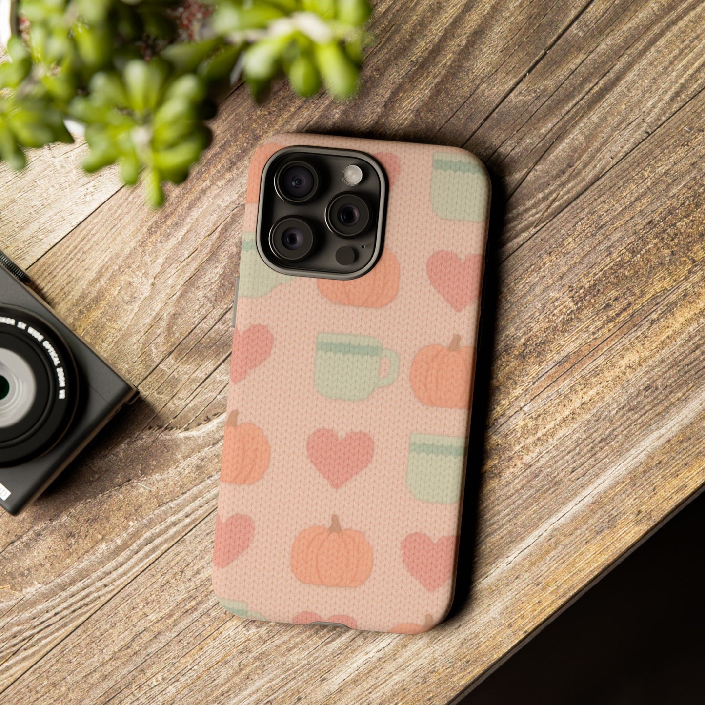 Autumn Cozy iPhone Case – Pumpkin, Heart & Coffee Cup Pattern