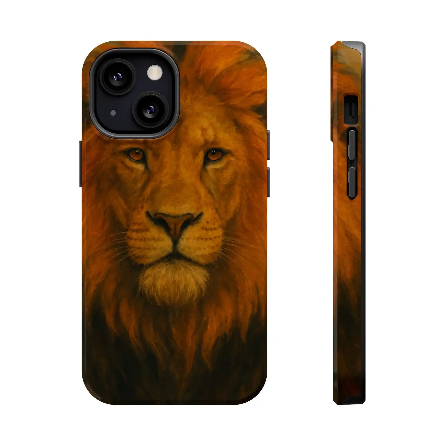 iPhone case with detailed lion face design shown in front and side variant sizes
