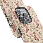Floral Boots MagSafe Phone Case, glossy square triple-camera Pro model, camera and side-button close-up