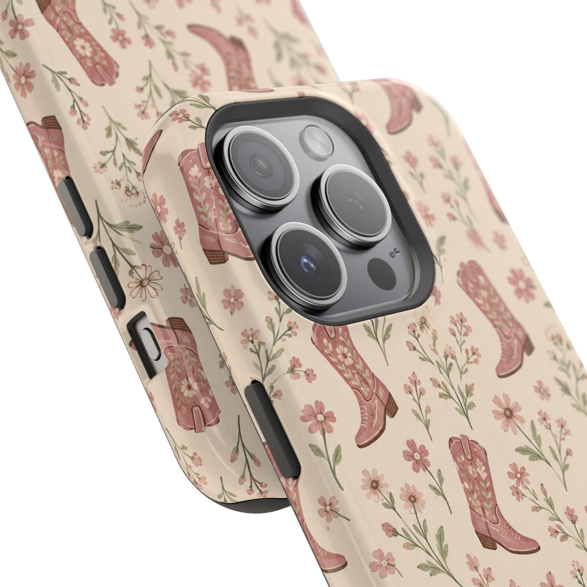 Floral Boots MagSafe Phone Case, glossy square triple-camera Pro model, camera and side-button close-up