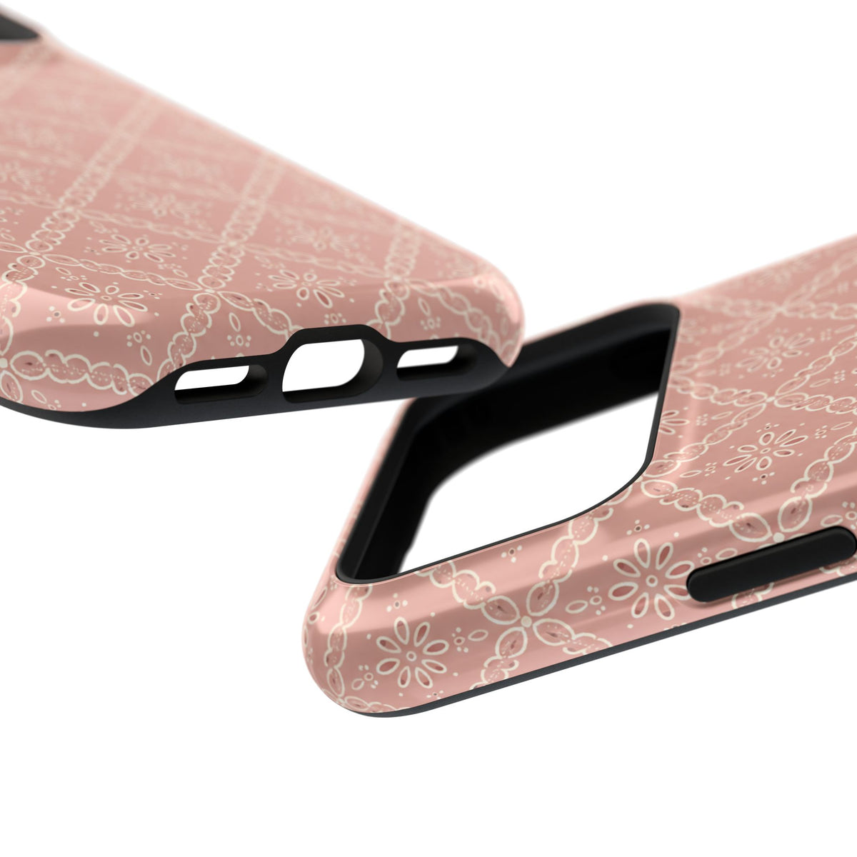 Meadow Lace – Blush Pink Lace Pattern MagSafe Phone Case, glossy compact wide-camera Pro model, port openings and edge details