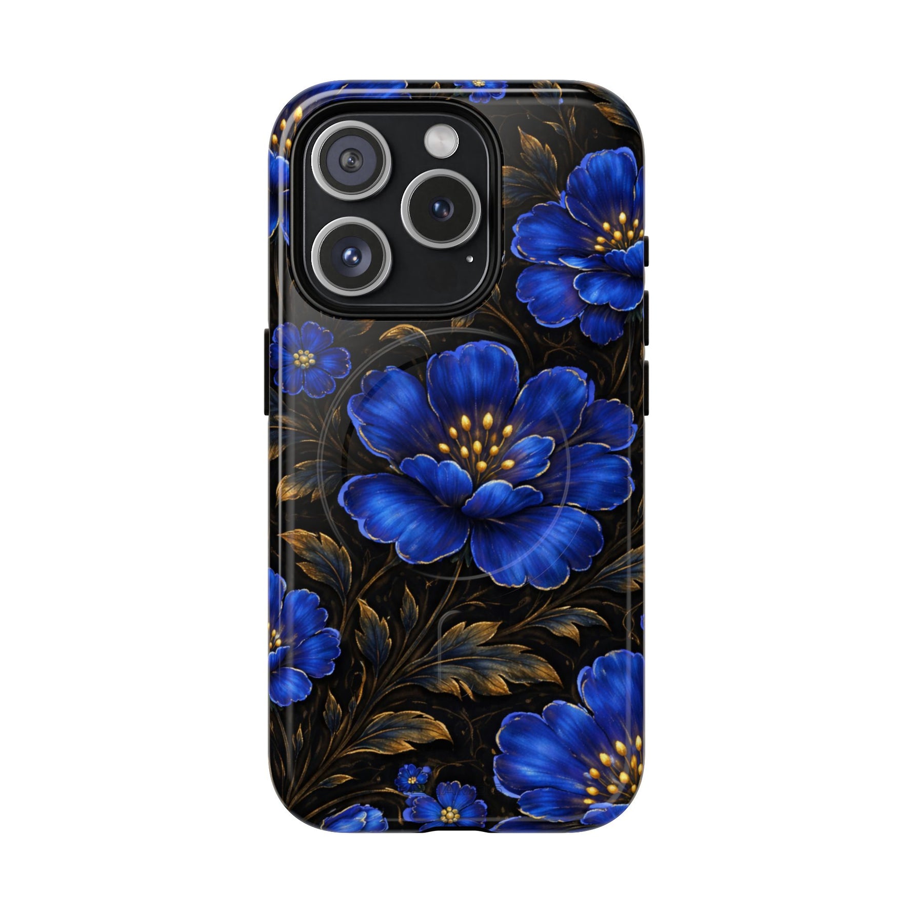 iPhone 14 Pro phone case with blue floral design and gold leaves on black background, variant size