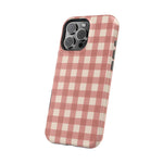 Prairie Gingham MagSafe Phone Case, glossy square triple-camera Pro model, angled rear view