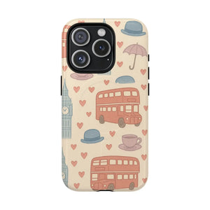 London Icons Hand-Drawn iPhone Case — Cute Double-Decker Bus & Big Ben Pattern with MagSafe compatibility  Shamo's iPhone 15 Pro / Glossy