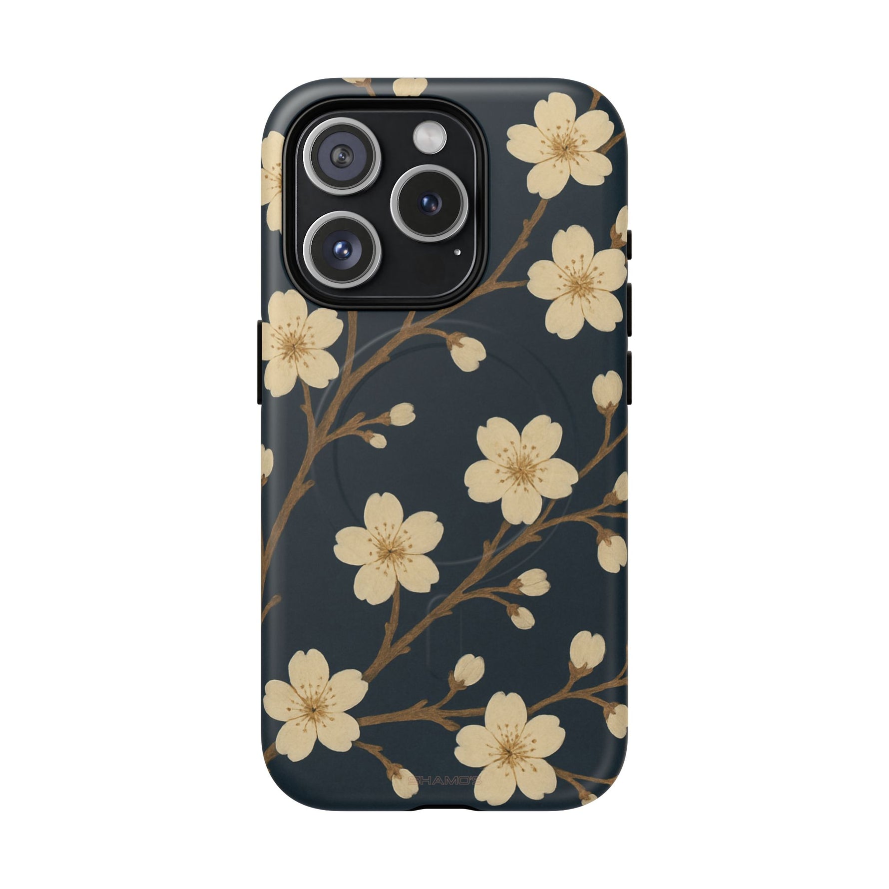 Navy Cherry Blossom Floral iPhone Case - Compatible with MagSafe
