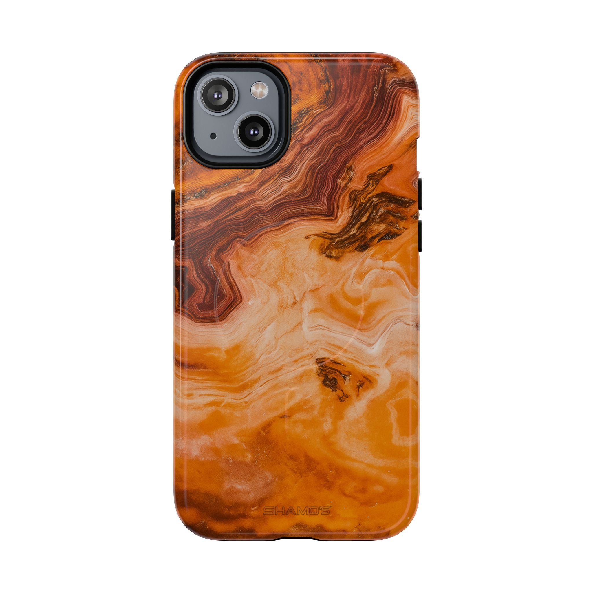 Phone case with swirling amber, orange, and brown agate-style pattern #iphone-14-plus