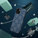 Lasso Hearts – Blue Western Heart MagSafe Phone Case, glossy diagonal dual-camera model, rear view with magnetic accessories