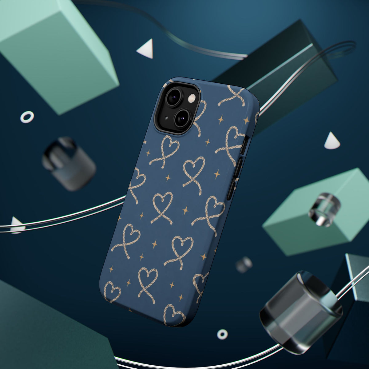 Lasso Hearts – Blue Western Heart MagSafe Phone Case, glossy diagonal dual-camera model, rear view with magnetic accessories