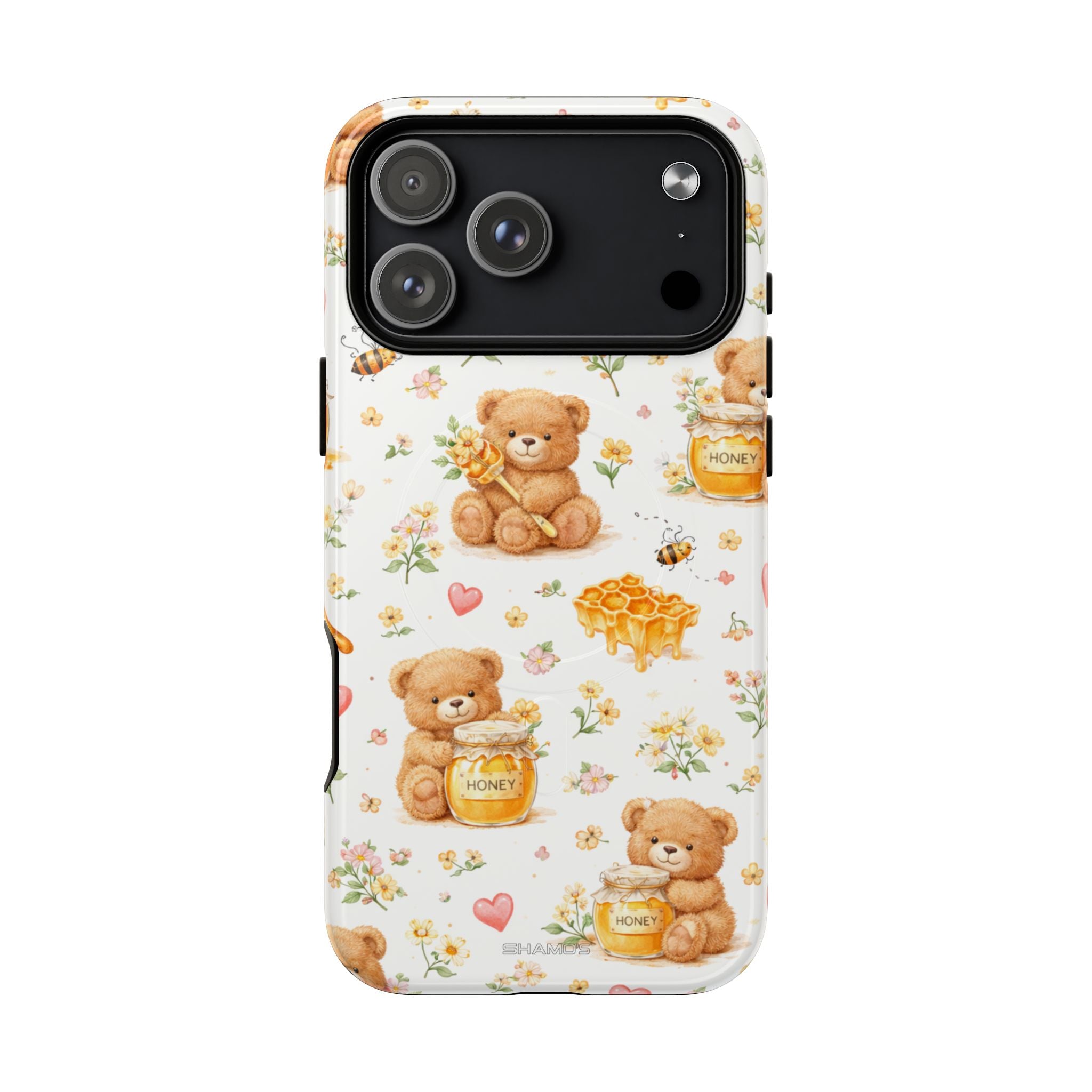 Phone case with small size featuring cute teddy bears holding honey jars, honeycombs, flowers, and bees on white background