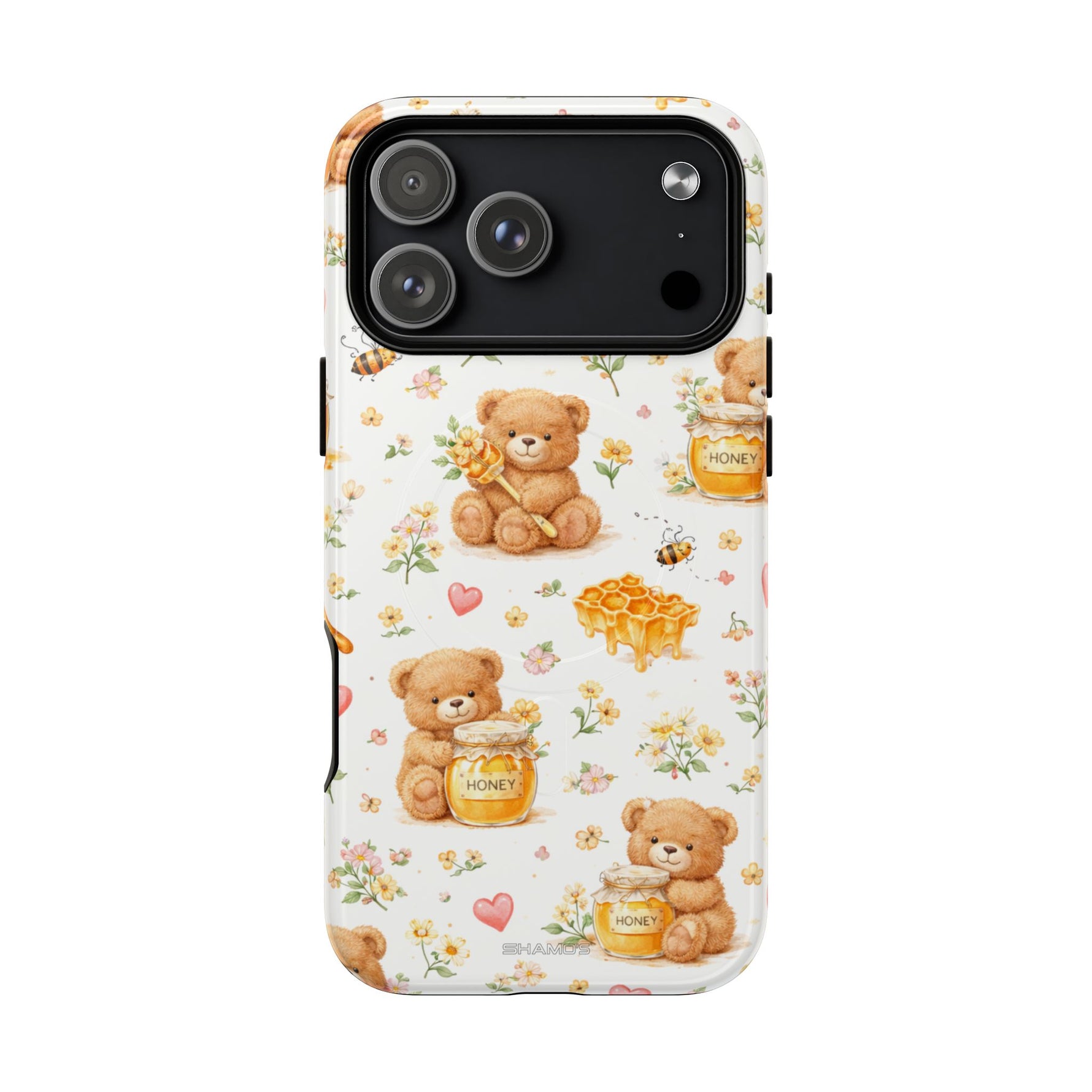 Honey Teddy Bear iPhone Case — Yellow Bee & Honey Pot Design with MagSafe