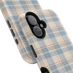 Ranch Check – Blue and Cream Plaid MagSafe Phone Case, glossy vertical dual-camera model, camera and side-button close-up