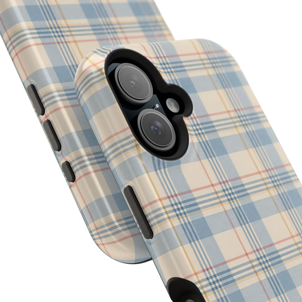 Ranch Check – Blue and Cream Plaid MagSafe Phone Case, glossy vertical dual-camera model, camera and side-button close-up