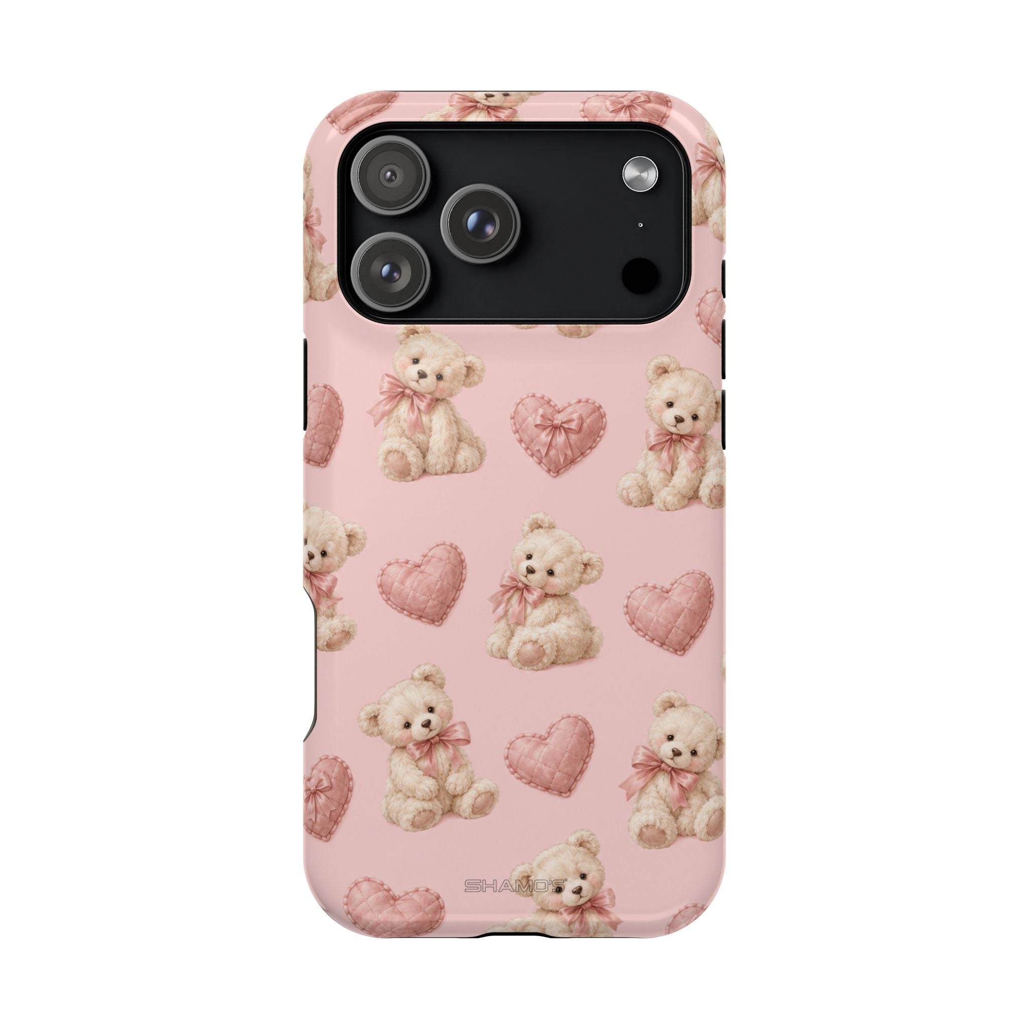 Pink Teddy Hearts Love iPhone Case, Impact-Resistant MagSafe Compatible