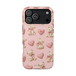 Pink Teddy Hearts Love iPhone Case, Impact-Resistant MagSafe Compatible