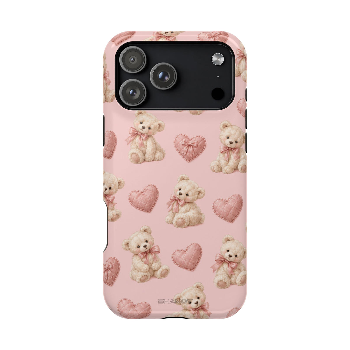 Pink Teddy Hearts Love iPhone Case, Impact-Resistant MagSafe Compatible