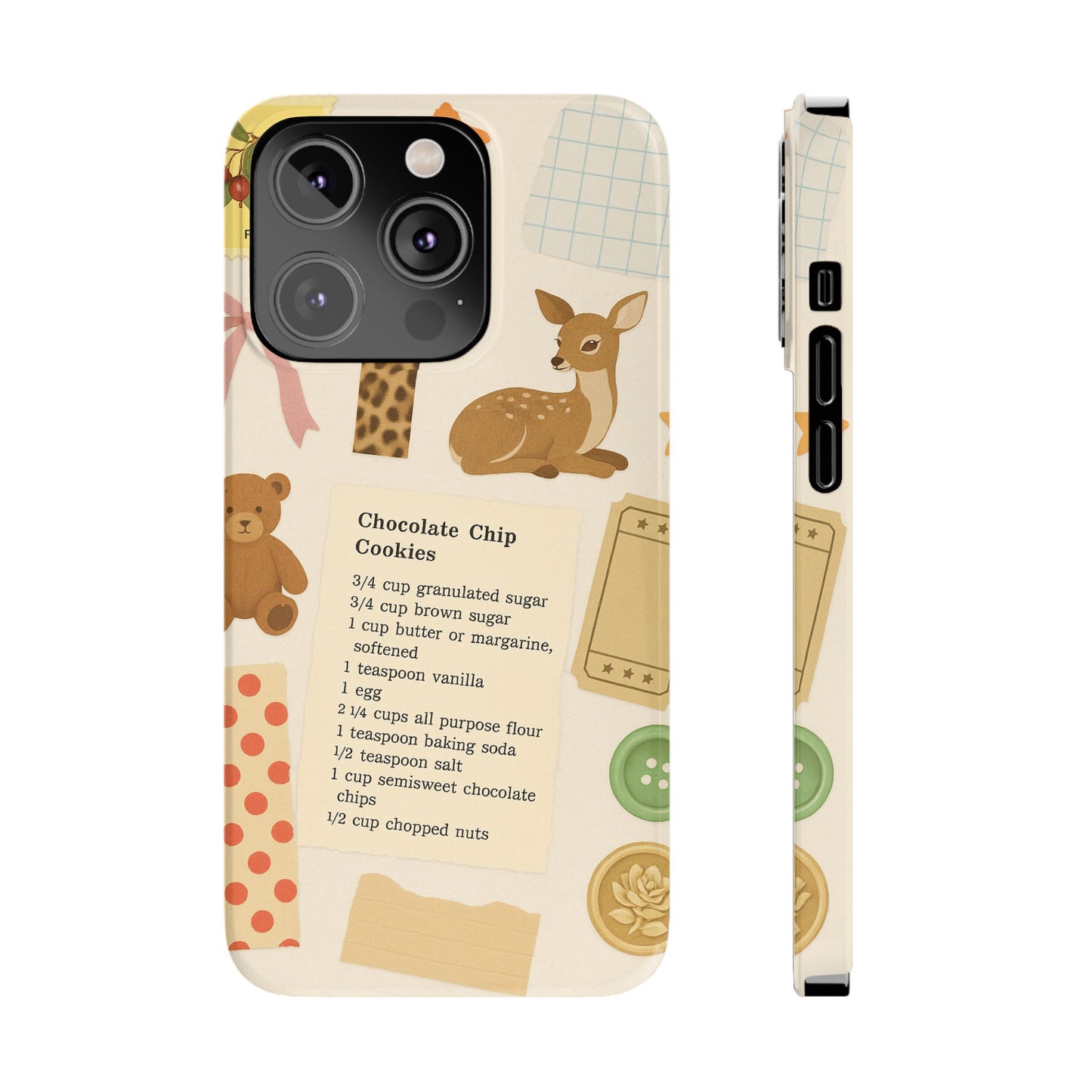 Slim iPhone Case — Cozy Baking & Teddy Pattern (Recipe, Deer, Buttons)