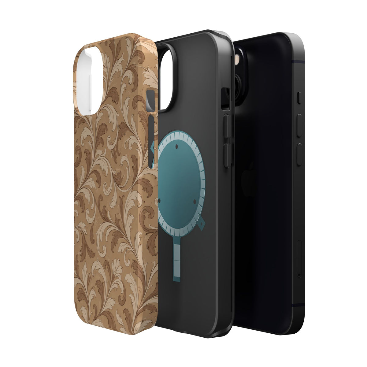 Saddle Scrolls – Tan Western Scrollwork MagSafe Phone Case, glossy diagonal dual-camera model, exploded shell and liner with magnetic ring