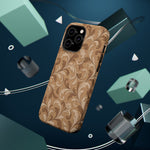 Saddle Scrolls – Tan Western Scrollwork MagSafe Phone Case, glossy square triple-camera Pro model, rear view with magnetic accessories