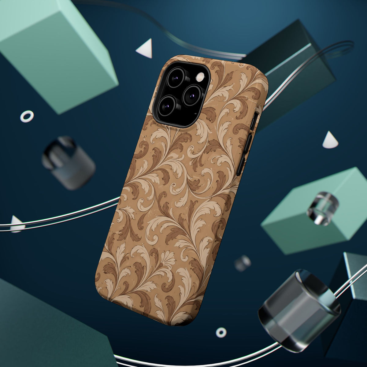 Saddle Scrolls – Tan Western Scrollwork MagSafe Phone Case, glossy square triple-camera Pro model, rear view with magnetic accessories