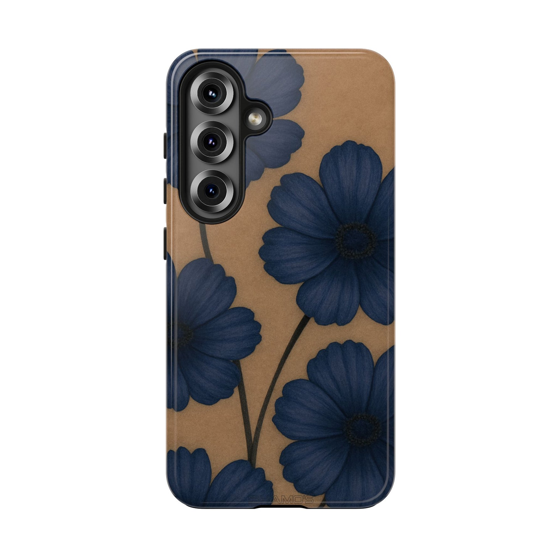Navy Floral Tough Phone Case — Durable Protective Case with Blue Flowers on Kraft Background