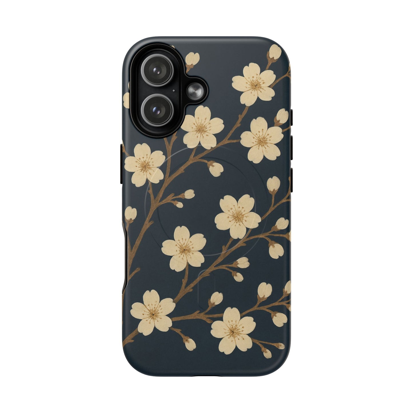 Navy Cherry Blossom Floral iPhone Case - Compatible with MagSafe