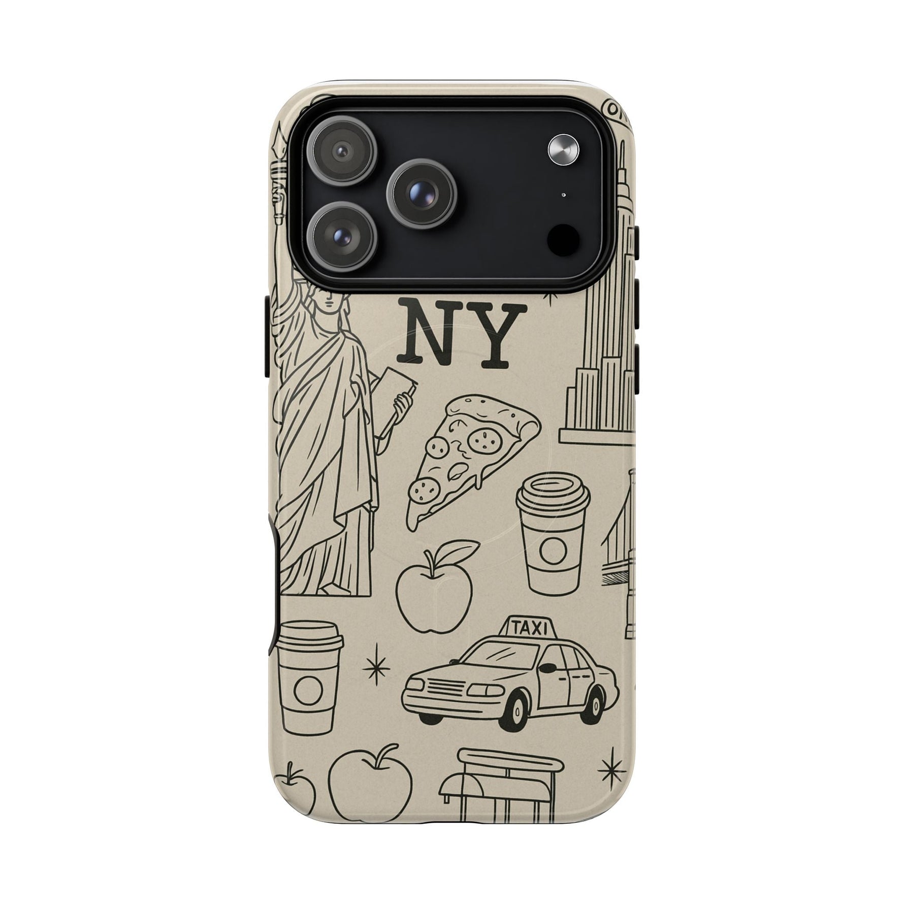 NY City Icons Tough iPhone Case — Statue of Liberty, Pizza & Taxi Pattern | Compatible with MagSafe  Shamo's iPhone 17 Pro Max / Glossy