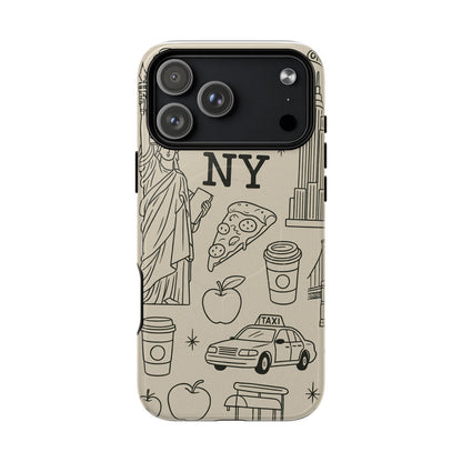 NY City Icons Tough iPhone Case — Statue of Liberty, Pizza & Taxi Pattern | Compatible with MagSafe