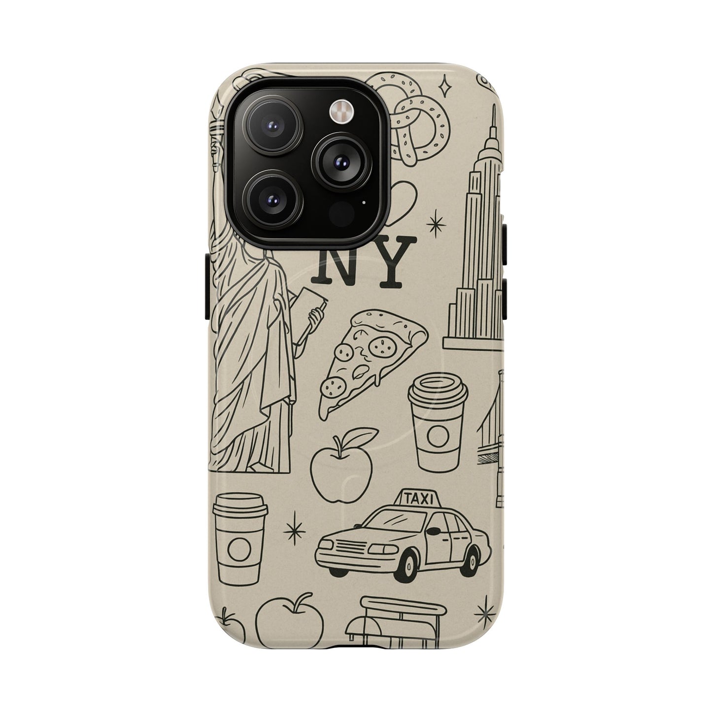 NY City Icons Tough iPhone Case — Statue of Liberty, Pizza & Taxi Pattern | Compatible with MagSafe