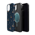 Desert Moon MagSafe Phone Case, glossy diagonal dual-camera model, exploded shell and liner with magnetic ring