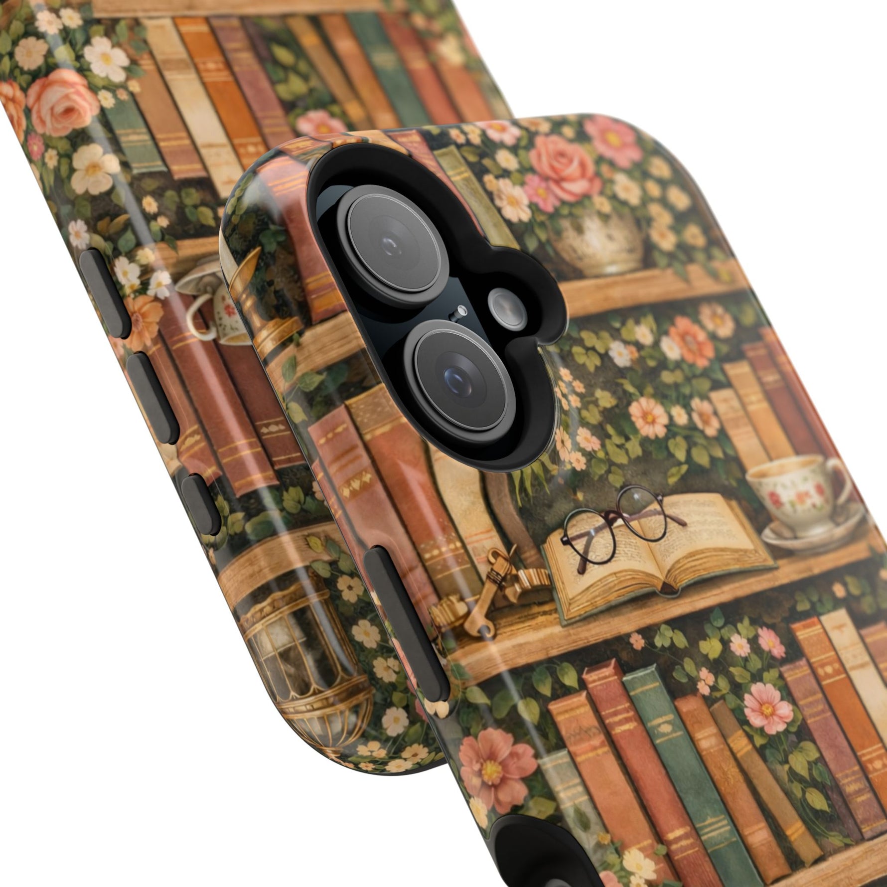 Floral Bookshelf iPhone Case — MagSafe Magnetic, Impact-Resistant