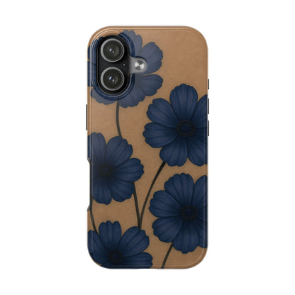 Navy Floral Tough iPhone Case — Durable Protective Case with Blue Flowers on Kraft Background