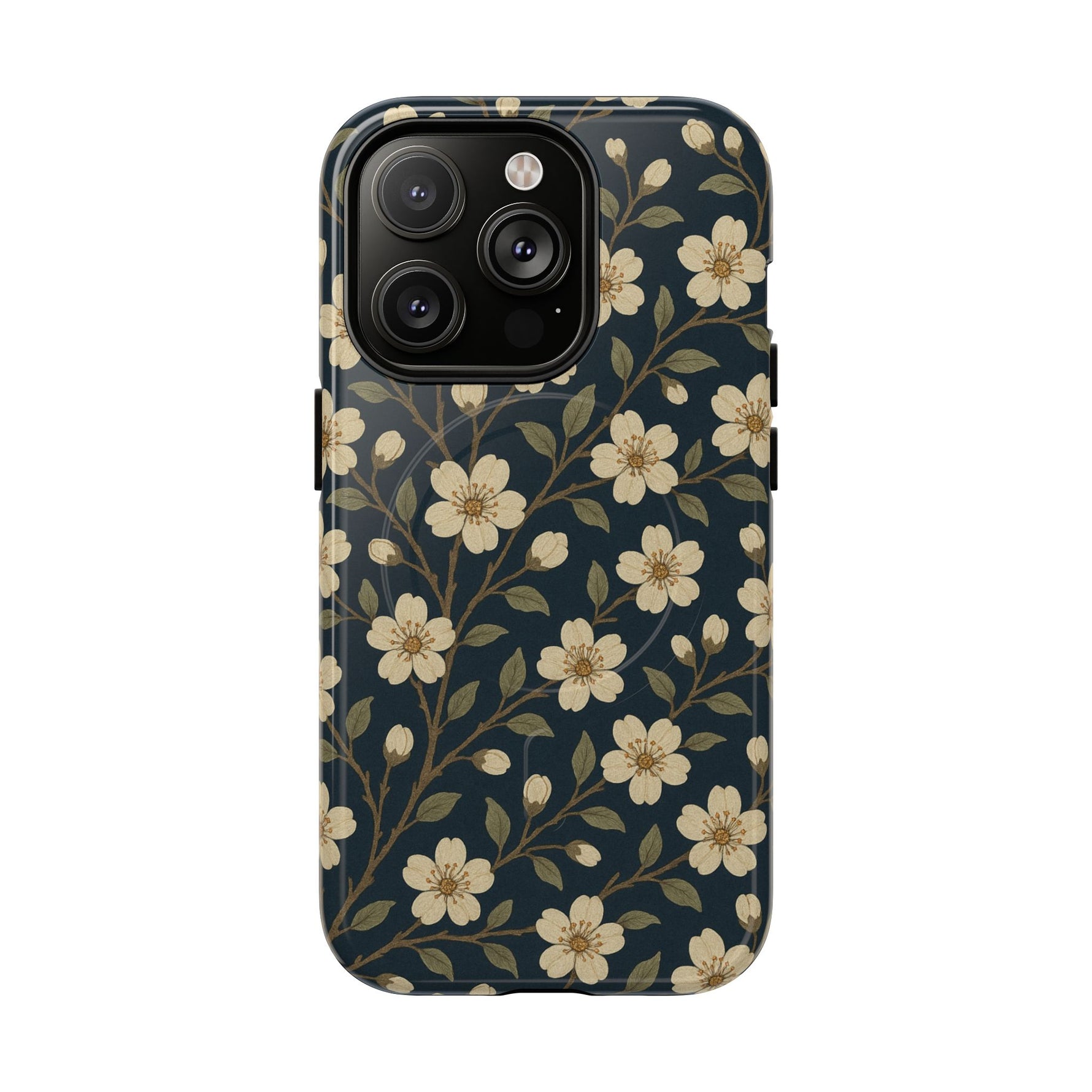 Navy Cherry Blossom Floral iPhone Case - Compatible with MagSafe - Shamo's